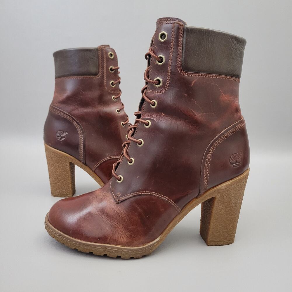 Timberland Glancy Brown Leather Heels Lace-up Ankle Booties Size 7 - Picture 4 of 12